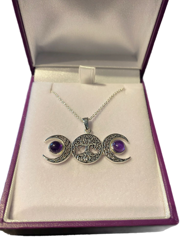 Sterling silver tree of life triple moon Amethyst necklace