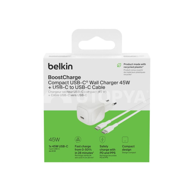 BELKIN Caricatore da Parete 45W + Cavo USB-C a USB-C 1m (PVC) (Bianco)