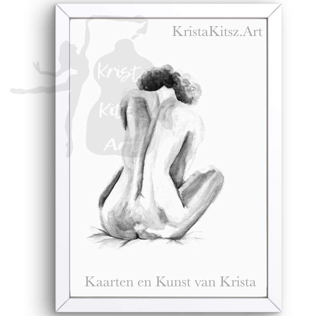 Vrouw zittend naakt aquarel, prachtige print zwart wit grijs van aquarel 