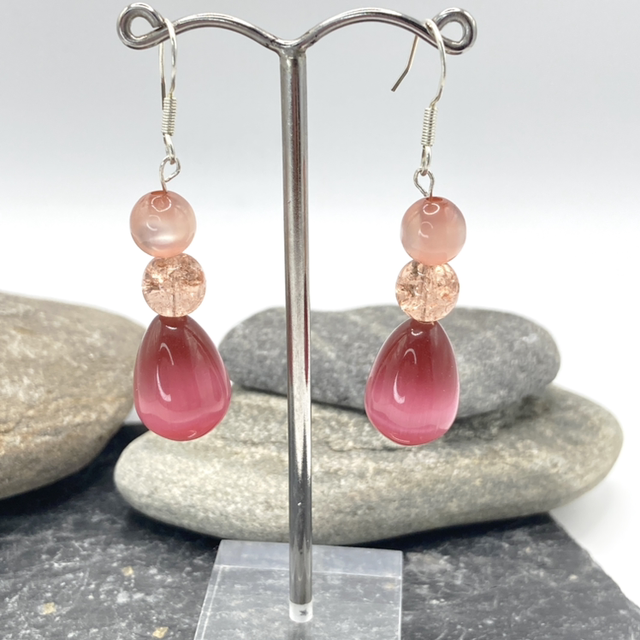 Beaded Sterling Silver Drop Earrings in rose pink, handmade