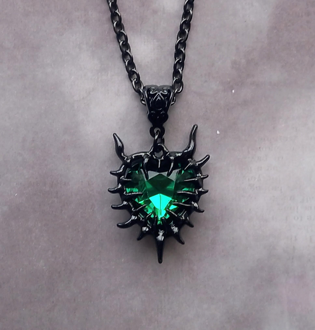 Spiky Black Devil Heart Necklace  - Green