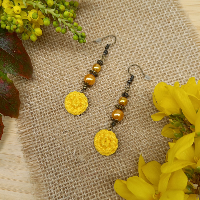 Parure jaune et bronze - Boucles d&#039;oreille jaune pendantes