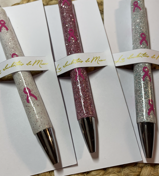 Stylo pailleté ruban rose bois et résine 