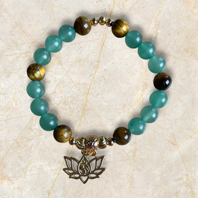 T19 Bracelet « Oterra » aventurine verte, œil de tigre et breloque lotus Om 