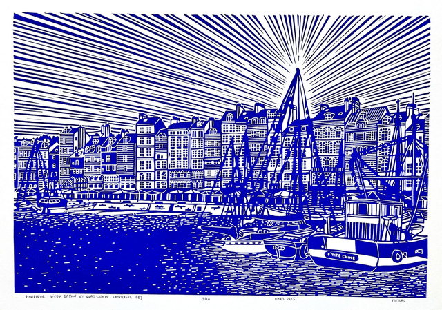 Honfleur : Vieux Bassin et quai Sainte Catherine  • Linogravure bleu outremer 21 x 30 cm