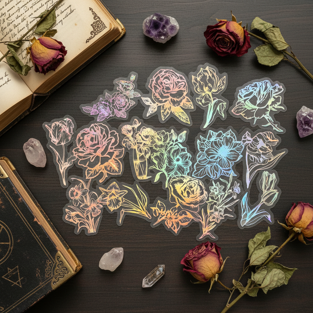 Stickers holographiques dorés fleurs - Lot de 15