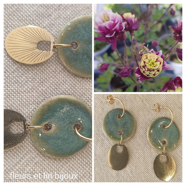 Créoles céramique artisanale nuance de bleu/vert en acier inoxydable doré -sans nickel pièce unique 