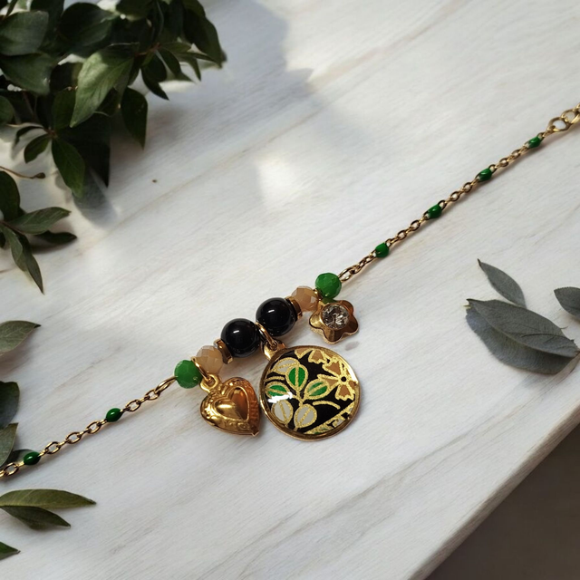 bracelet acier inoxydable motifs japonais vert noir et doré