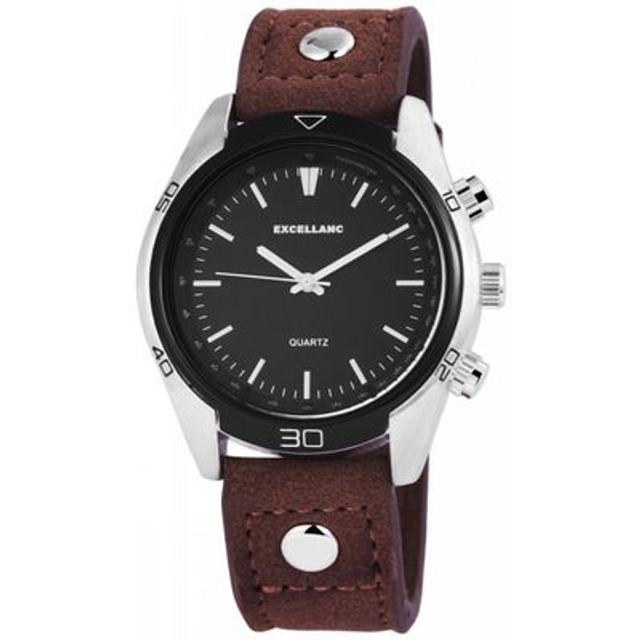 Montre marque Excellanc homme fond noir, bracelet cuir vintage de couleur Marron