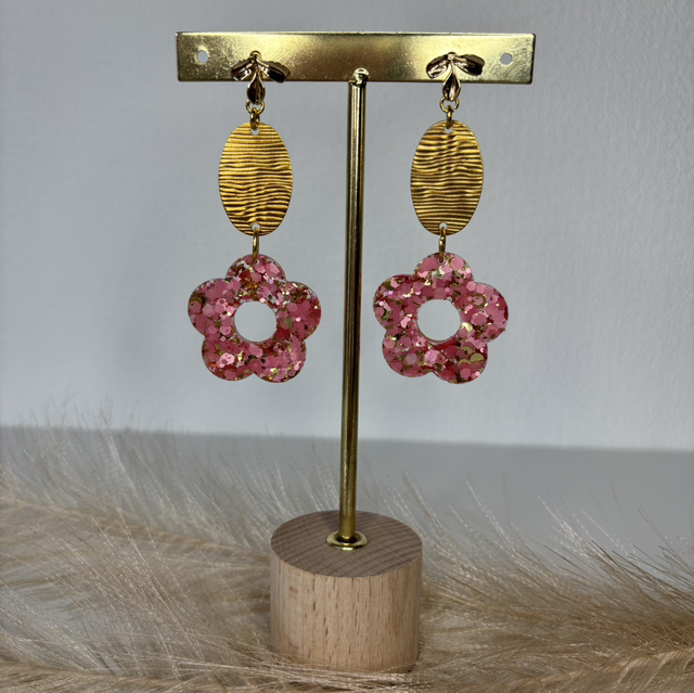 Boucles d’oreilles fleurs roses et argentée