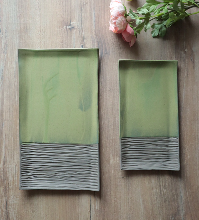 Handmade ceramic square plates size S/L, serving plates in natural style, green brown, stoneware, handmade