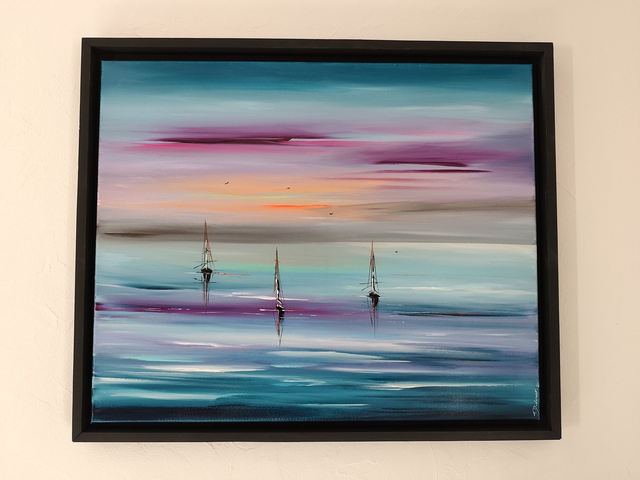 tableau Moderne abstrait - art contemporain - marine colorée bateaux voiliers  avec encadrement