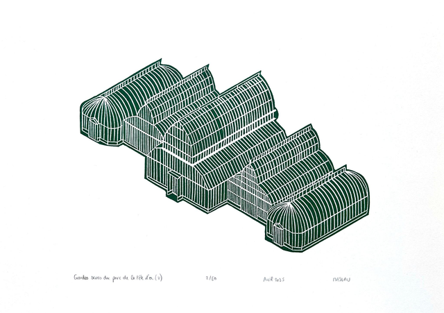 Grandes Serres du Parc de la Tête d'Or • Linogravure verte 21 x 30 cm