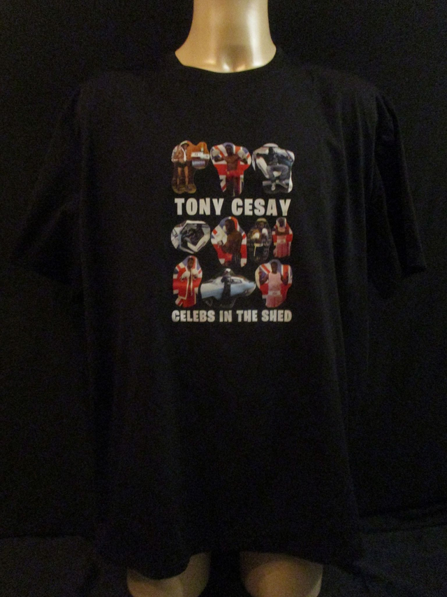 Tony Cesay ABA Champion Boxer DOUBLE SIDED Picture T-Shirt (White Bubble Logo) ADULT 100% Polyester Crew Neck BLACK (5X-Large) Top