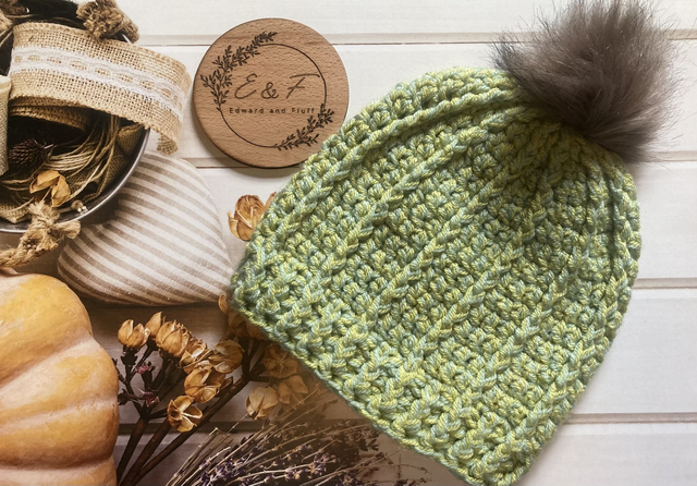 Handmade hat, Green and Yellow coloured crochet hat with bobble for adults.