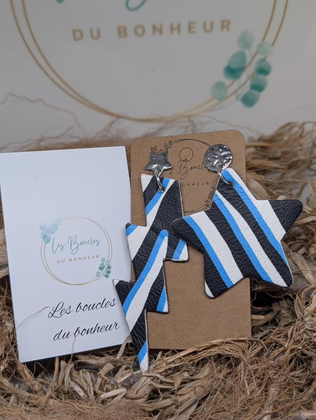 Boucles d&#039;oreilles Asymétrique zèbre bleu noir blanc nc031