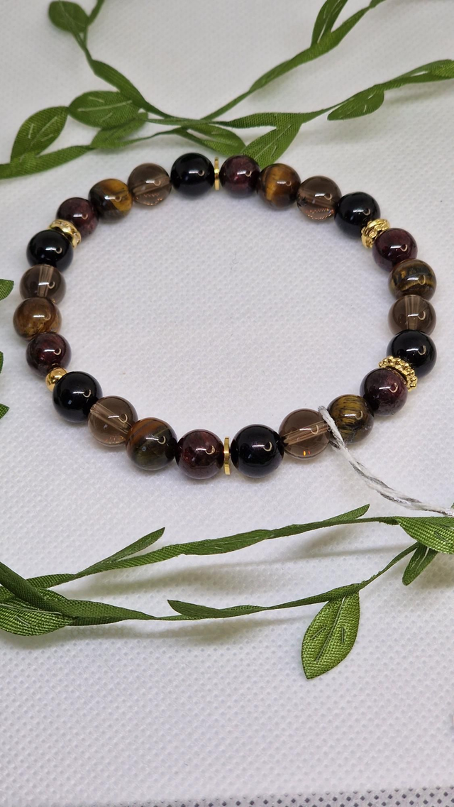 Bracelet Grenat, Quartz fumé, Tourmaline noire, Œil de tigre en 0,8 cm