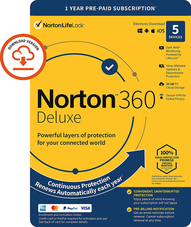 Norton 360 Deluxe 5-Devices + 50 GB Cloudstorage 1 year (Non-Subscription)  