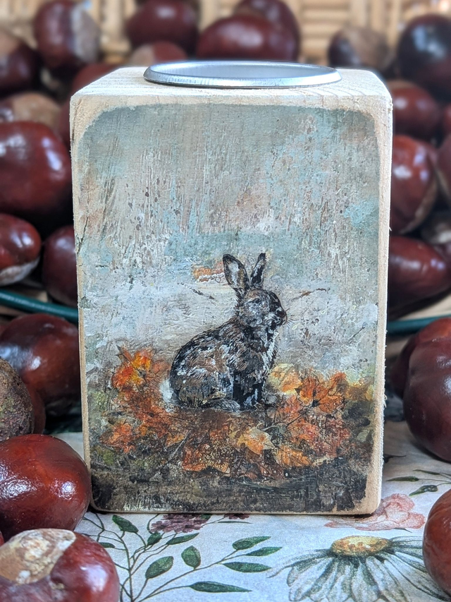 Rabbit - autumnal leaves - Tealight Holder Reclaimed Wood
