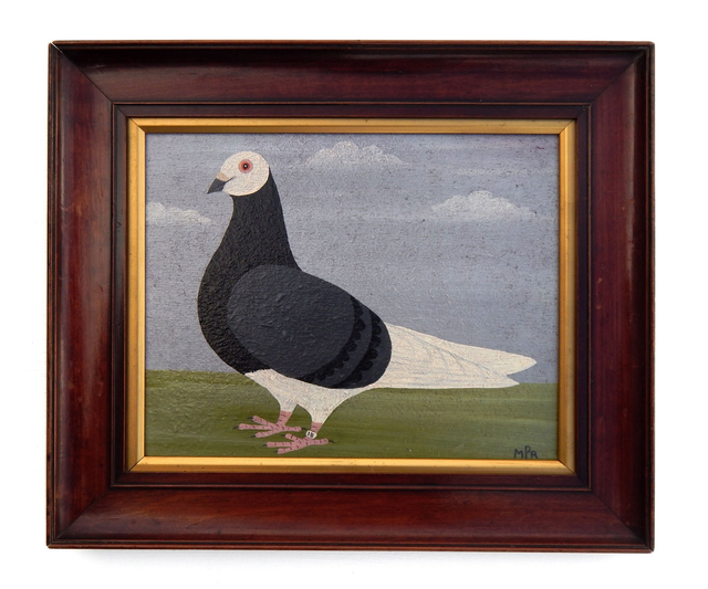 Naïve Folk Art Racing Pigeon Painting By Matt Rix In Antique Frame