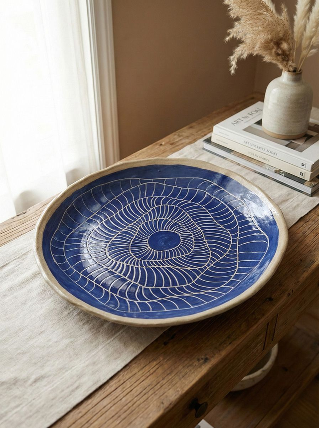Large Blue Sgraffito Platter