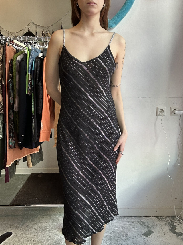 black with silver glitter asymmetric stripes midi dress