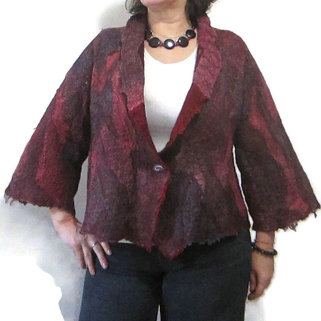 Cardigan feltro lana merino seta con paillettes morbido giacca infeltrimento giacca boho bordeaux fatta a mano calda per donna