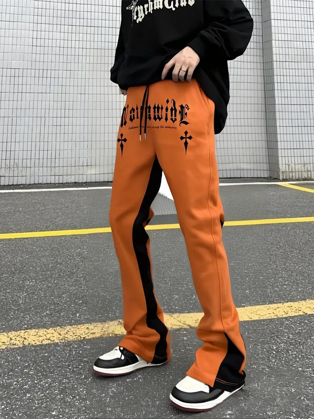 Men's Casual Contrast Color Block Letter Print Flared Pants