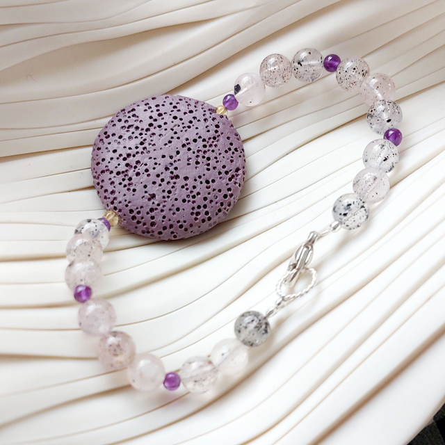 Lava (purple), spotty quartz , amethyst, and citrine beaded bracelet 