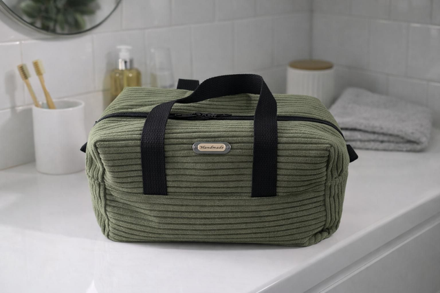 Trousse de toilette velours côtelé vert kaki 