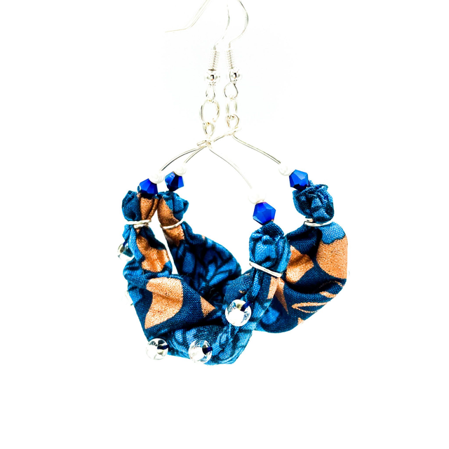 Scrunchie Hoop Earrings with Solid Silver Hooks - Dark Blue Metallic Gold Floral