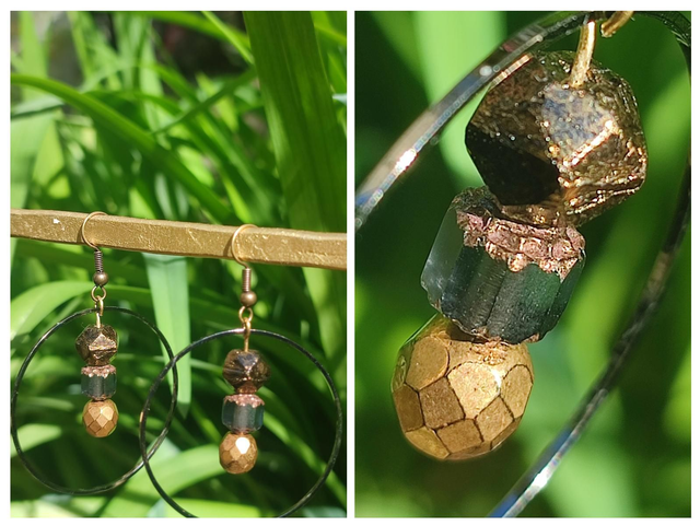 Boucles d&#039;oreilles reflets mordorés et bleuté, cercles noirs, fermoirs en laiton bronze -sans nickel, pièce unique 