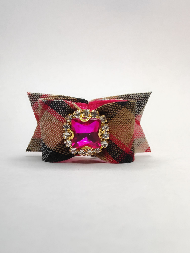 Noeud fantaisie pour chien- tartan- rose strass rose