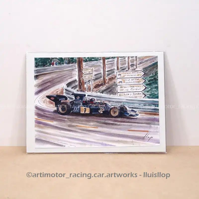 Artimotor prints - lito 13x18 / lito paspartú A4 1973 Lotus 72 Ford Emerson Fittipaldi G.P. España Montjuic