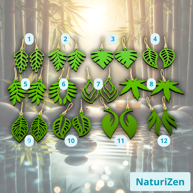 Boucles d&#039;Oreilles en Bois de Style Feuille Vert avec Crochets en Argent 925 🌿💚