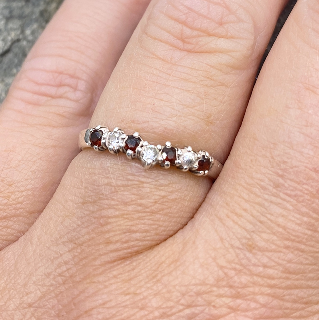 REFURBISHED Garnet and Clear CZ Half Eternity Vintage Ring in Sterling Silver Size M 1/2