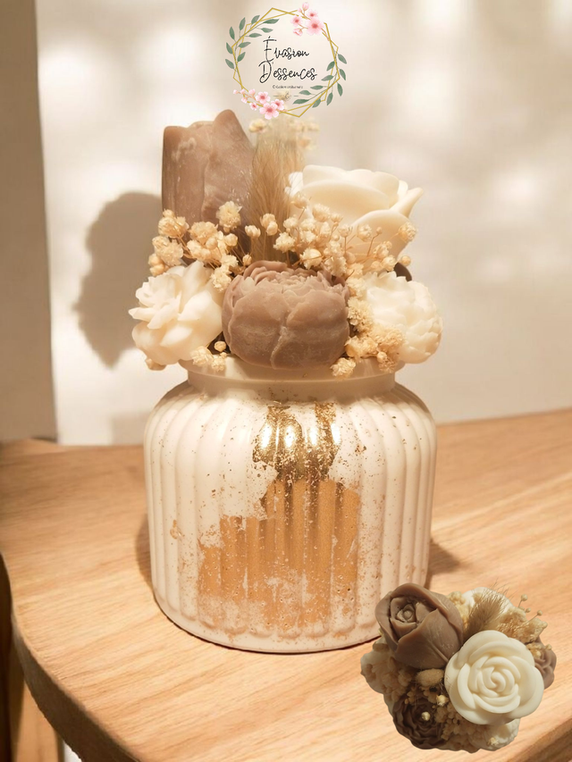 Vase jesmonite et son bouquet de fleurs en cires parfumées Fleur de coton 