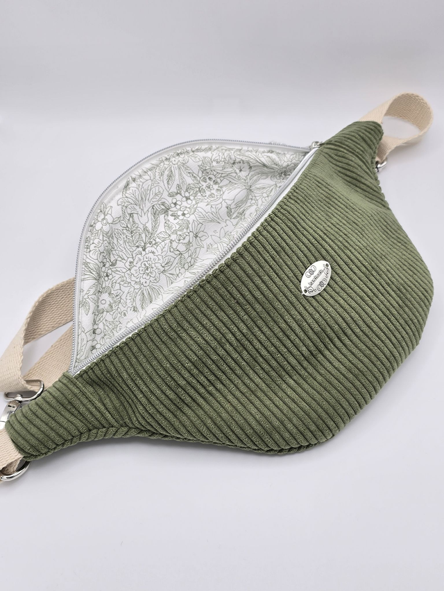 Grand sac banane en velours avec poche extérieure au dos - kaki