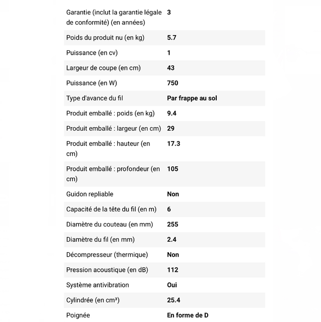 Débroussailleuse sterwins 25.4 cm² l.43 cm