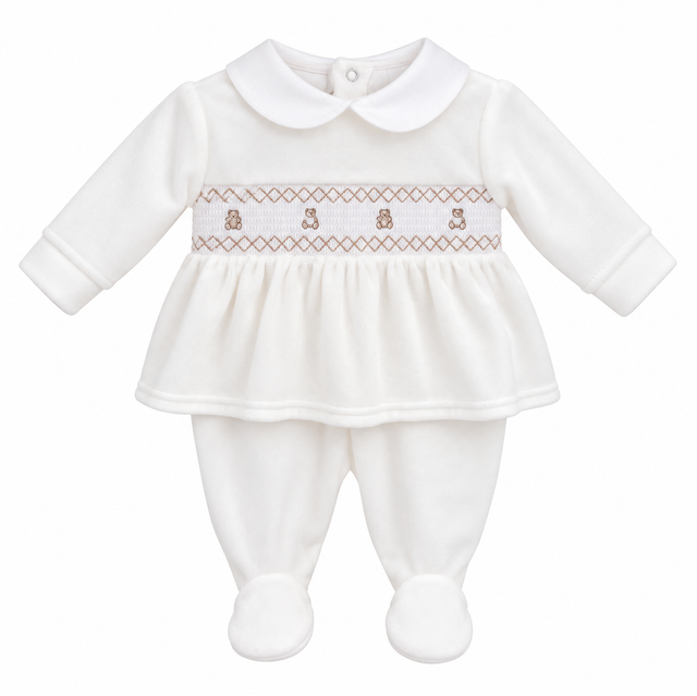 Smocked teddy velour outfit - tiny baby 