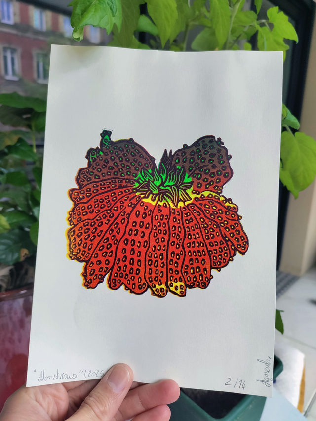 impression linogravure Fraise monstrueuse "Monstrous" A5