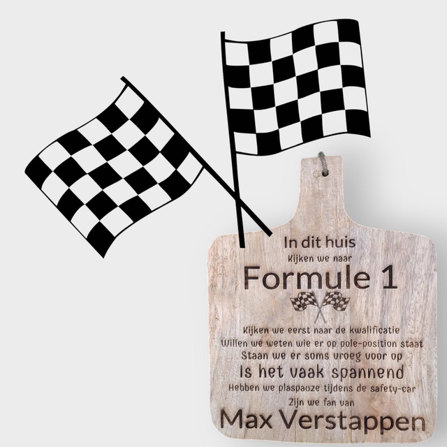 Mangohouten Borrelplank met tekst, In dit huis...Formule 1 