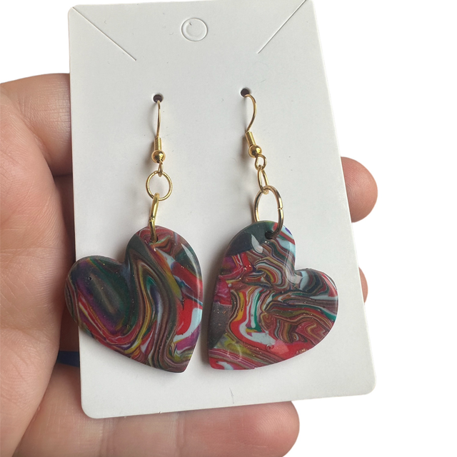Multi Coloured Polymer Clay Marble Heart Earrings
