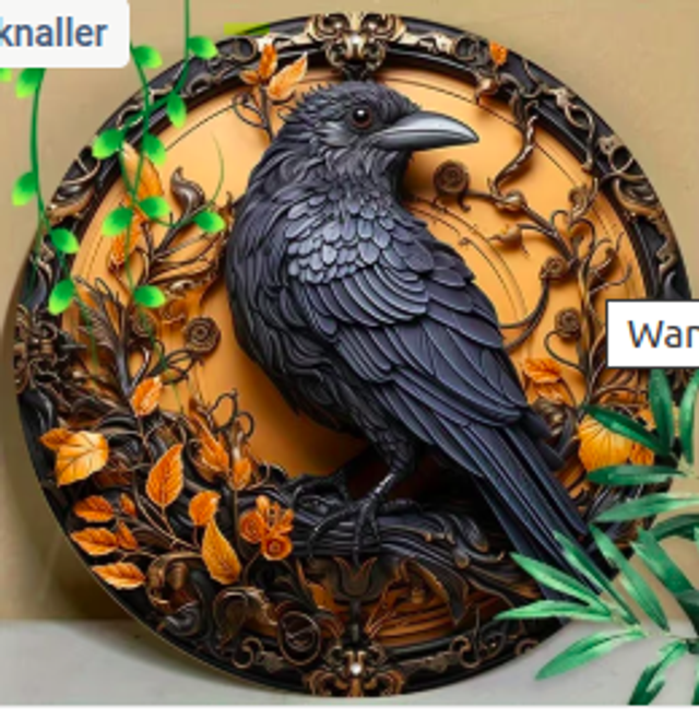 Wanddecoratie metalen bord Wakende Kraai (20cm diameter)