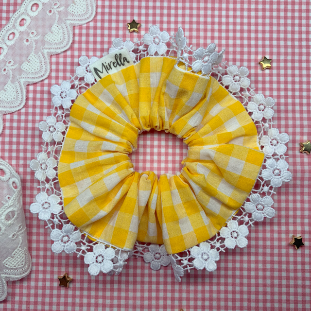 Yellow Gingham Flower Trim Scrunchie 