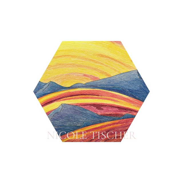 Hexagon mit Kunstdruck "Blaue Berge im Licht"