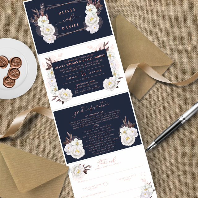Navy, rose gold and white flowers design - concertina wedding invitations - including guest information &amp; tear off RSVP postcard