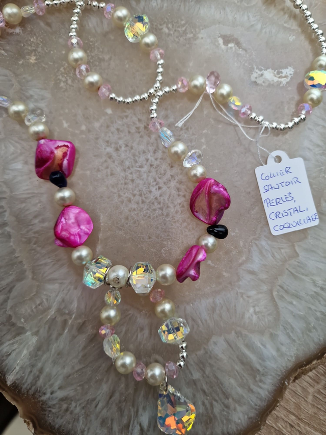 Collier Sautoir Perles Nacrées Perles Cristal Perles Coquillage Fuchsia