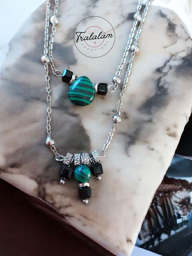 ✨ Collier 2 en 1 argenté goutte malachite et perles de verre noires ✨️