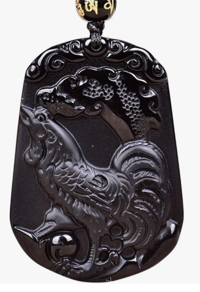 Collier Pendentif le Coq signe du zodiaque en obsidienne naturelle